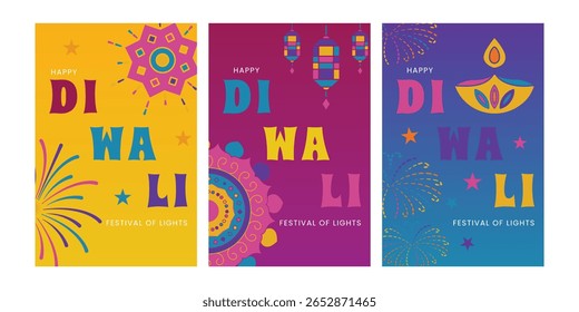 Vector illustration of Diwali Invitation Cards. Diwali greeting cards featuring mandala, diya, fireworks with vibrant color