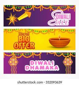 vector illustration of diwali offers sale banners with decorated Diwali diya.