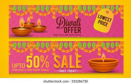 vector illustration of diwali offers sale banners with decorated Diwali diya.