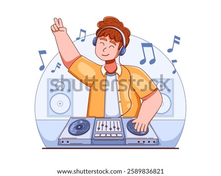 Vector illustration of a DJ in action mixing music on turntables. The DJ is wearing headphones and has one hand on the turntable and the other raised in a peace sign.