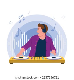 Vector illustration of DJ. Cartoon scene with a guy who plays music on the equipment and melody flies around him on white background.