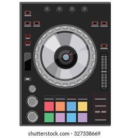 Vector illustration dj club music console. Mixing desk production sound desk console sliders, buttons, knobs and switches