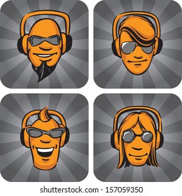 Vector illustration of DJ heads enjoying music. Easy-edit layered vector EPS10 file scalable to any size without quality loss. High resolution raster JPG file is included.