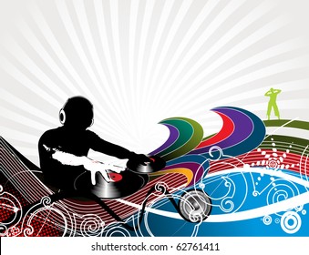 vector illustration of an dj man playing tunes with music wave background.