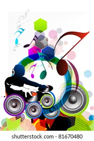 vector illustration of an dj man playing tunes with music note background.