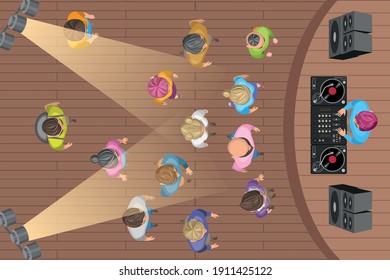 Vector Illustration. DJ Playing Vinyl. Top View. DJ Interface Workspace Mixer Console Turntables. Night Club Concept.View From Above.