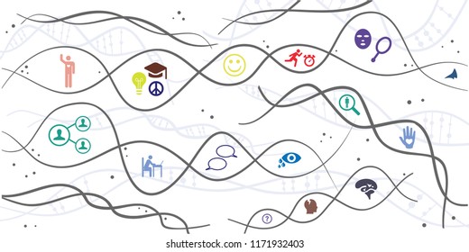 vector illustration of DNA chains and people behaviours for neural genetics and character heritage visuals