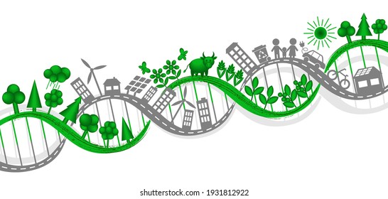 Vector illustration of DNA interweaving of human life and industry with nature. Creative design element for environmental concepts. Set of simple eco icons