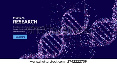 Vector illustration of DNA made from dots. Abstract genetic code background with glowing particles. Concept design for medical technology, biotechnology, science research