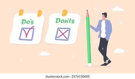 Vector illustration of a Do and Don t checklist concept. Includes positive suggestions and actions to avoid,