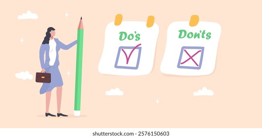 Vector illustration of a "Do and Don't" checklist concept. Includes positive suggestions and actions to avoid,