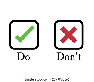 Vector illustration do and don't icon. Green tick and red cross marked in black outlined box labelled do and don't. Logo for sticker or poster use regarding rules. 