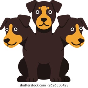 Vector illustration of a Doberman dog with three heads sitting in a cartoon style with dark brown and tan colors, showing playful and friendly mood.
