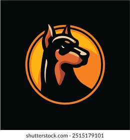 Vector Illustration of Doberman dog's head design in front of a orange circle. can be used as a logo