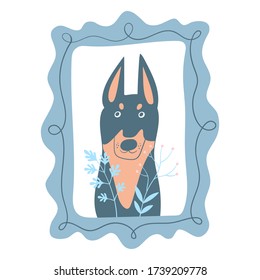 Vector illustration of Doberman. Poster with portrait of a cute dog with flowers. Perfect for kids apparel, textile, nursery, wrapping paper. Design elements for cards, posters, t-shirt.