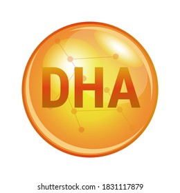 Vector Illustration Of Docosahexaenoic Acid DHA Found In Omega-3 Fatty Acids. Vector Medical Or Pharmaceutical Icon Of Capsule For Health. Gold Shining Pill Isolated On A White Background.