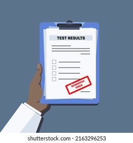 Vector illustration. Doctor agent or medical officer hand holding clipboard with Monkeypox virus test results. Monkeypox virus zoonotic viral disease	
