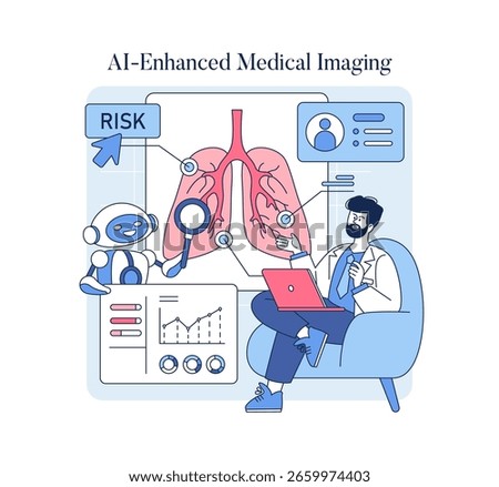 Vector illustration of a doctor and AI analyzing lung images for medical risks. The scene depicts collaboration using technology to enhance diagnostic accuracy and patient care.