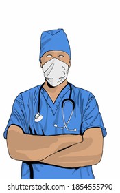 Vector illustration of doctor in blue suit. Pandemic medical concept with dangerous cells. Human in respirator and protective clothing. Doctors are protecting our wold. World Health organisation.
