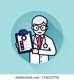 Vector Illustration Doctor With Check List Icon. Modern Line Art Avatar.