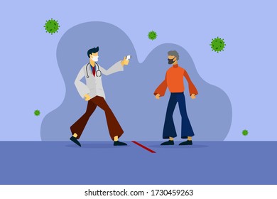 Vector Illustration of doctor checking people's body temperature using thermometer gun, and keep on distancing to avoid COVID-19 Virus spreading in pandemic era.