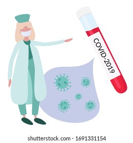 Vector illustration. The doctor checks a test tube with a blood test. Analyzes, clinic, laboratory, blood, test tubes, microbes, virus, health check, clinic, doctors, vaccine