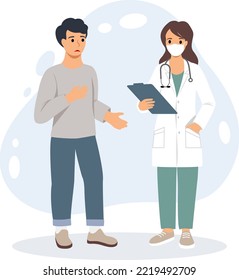 Vector illustration of a doctor consultation in a mask with a sad patient. Therapist in a white coat. Modern medical services and consultation concept. Vector illustration in flat style.