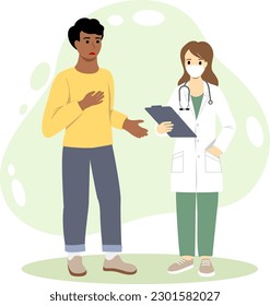 Vector illustration of a doctor consultation in a mask with a sad dark-skinned patient. Therapist in a white coat. Modern medical services and consultation concept. Vector illustration in a flat style