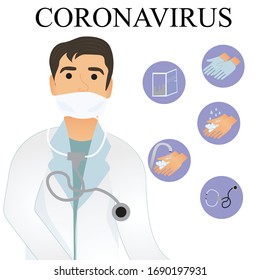 A vector illustration of doctor. Vector of Coronavirus or COVID-19.