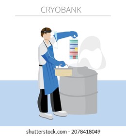 Vector illustration. Doctor - embryologist in CRYO BANK  holding tubes with freezing biological (sperm, embryo and eggs)
