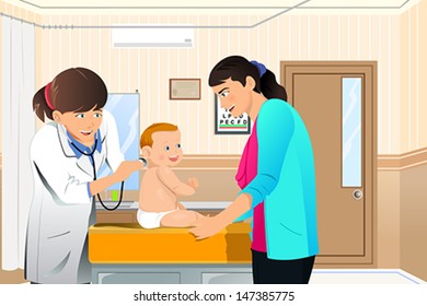 A vector illustration of a doctor examining a baby at her office