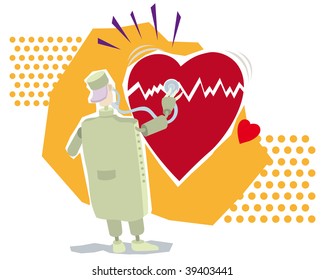 Vector illustration of a doctor examining a big broken heart
