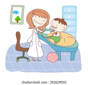  Vector illustration of a doctor examining a boy in hospital