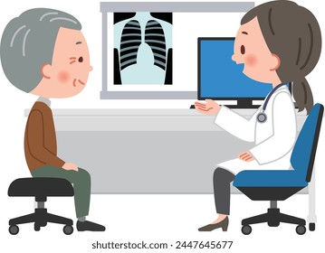 Vektorillustration eines Arztes, der einen älteren männlichen Patienten untersucht.
