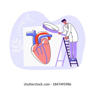 Vector illustration of doctor examining heart organ through enlarged magnifying glass. Concept diagnosis in cardiology, heart attacks, strokes, and vascular diseases.
