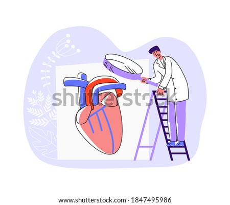 Vector illustration of doctor examining heart organ through enlarged magnifying glass. Concept diagnosis in cardiology, heart attacks, strokes, and vascular diseases.