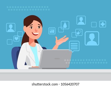 Vector illustration of doctor female medical consultation online. Concept of modern internet technologies in medicine