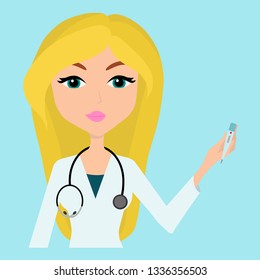 Vector illustration of doctor female medical consultation. Smiling beautiful blonde in female medical uniform with stethoscope and thermometer. Flat design.