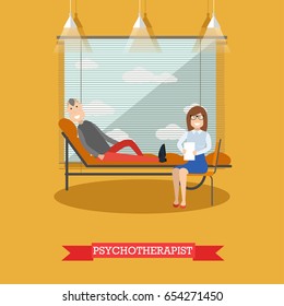 Vector illustration of doctor female sitting next to lying on couch male. Psychologist or psychiatrist listening to problems of patient. Psychotherapist flat style design.