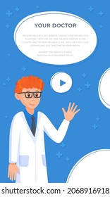 Dibujo vectorial, folleto médico. Doctor con experiencia. Concepto del cuestionario del médico. 