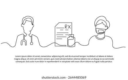 Ilustração vetorial do médico deu uma prescrição para o medicamento ao paciente. Plano moderno em estilo de linha contínua.