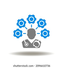 Vector illustration of doctor with gears. Icon of medical or pharmacy responsibility. Symbol of medicine staff roles and resposibilities.