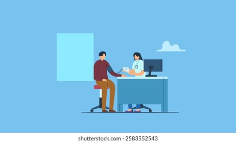 Vector illustration of doctor or general practicioner taking blood pressure. Isolated medical checkup of blood pressure and health examination. Professional treatment.