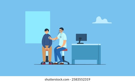 Vector illustration of doctor or general practitioner checks patient's chest with stethoscope. Concept of hospital, clinic, health care, medicine, diagnosis, doctor consultation, examination, illness.