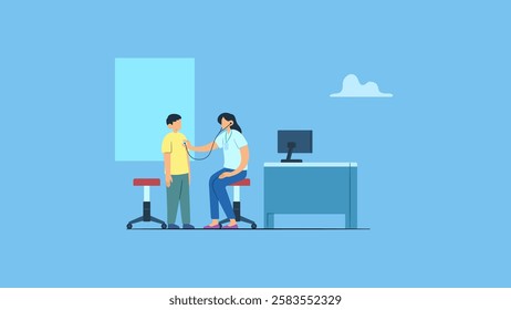 Vector illustration of doctor or general practitioner checks kid chest with stethoscope. Concept of hospital, clinic, health care, medicine, diagnosis, doctor consultation, examination, illness.