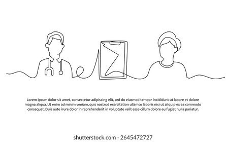 Ilustración vectorial del doctor da notas al paciente. Piso moderno en estilo línea continua.