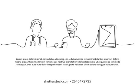 Vector illustration of doctor gives notes to patient. Modern flat in continuous line style.