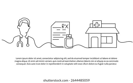 Vector illustration of doctor gives prescription for hospital medicine. Modern flat in continuous line style.