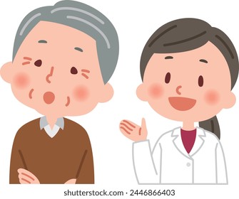 Vector illustration of a doctor giving an explanation and an old man listening to the explanation.