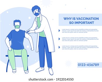 Vector Illustration Of Doctor Giving Injection To Patient Man With Vaccination Information On White Background.